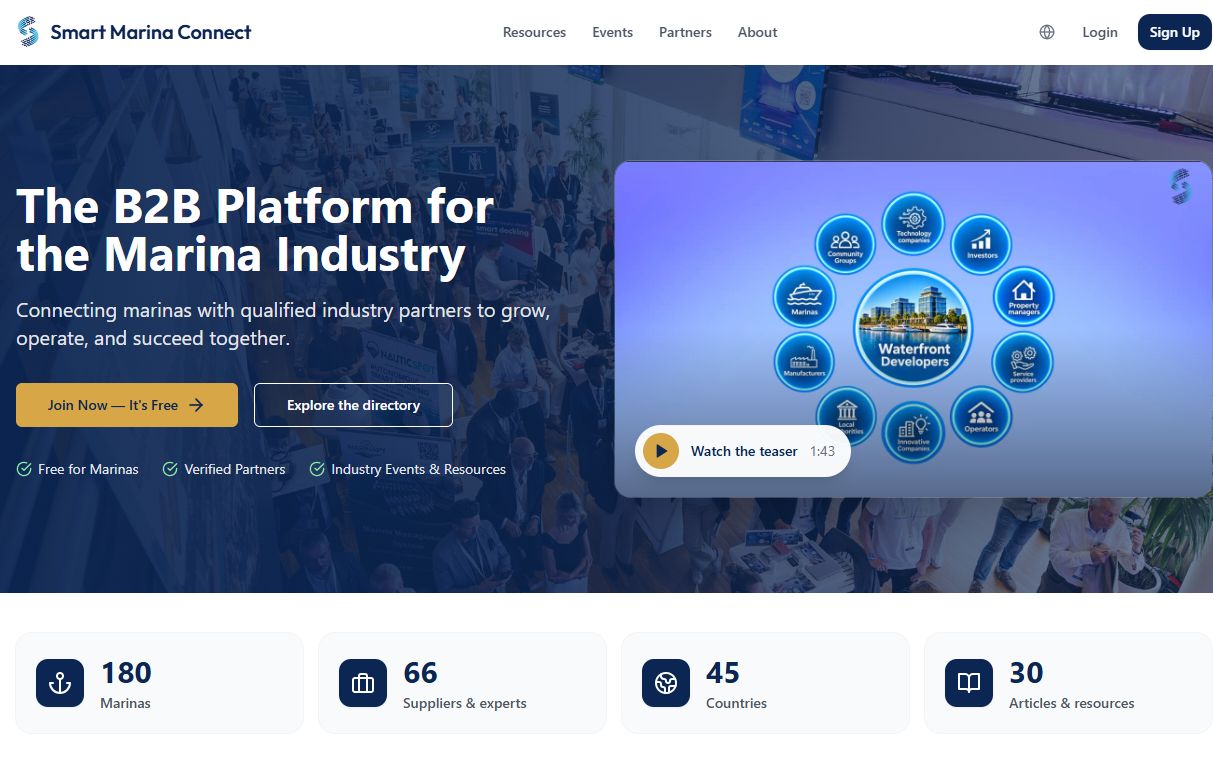 Smart Marina Connect homepage with the marina industry network, directory and events.